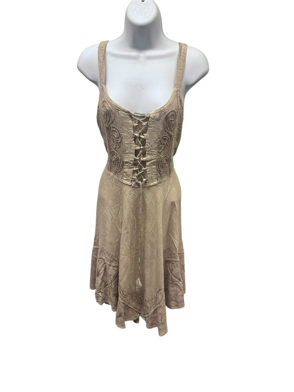 Beige Embroidered Lace-Up Sundress. 8650 AW01. TURQ01
